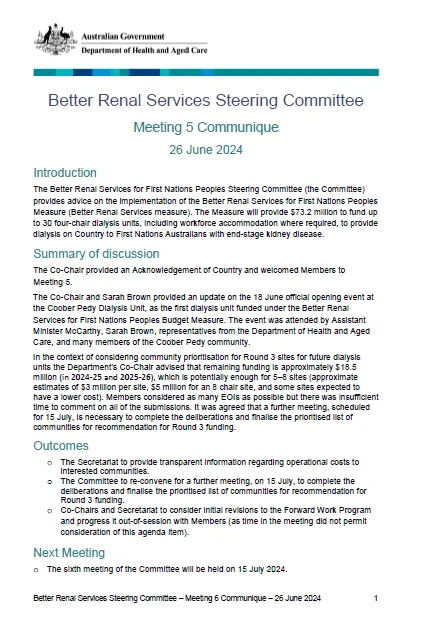 Cover page for the Better Renal Services Steering Committee communique – 26 June 2024