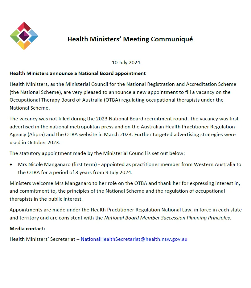 Screen capture of the Health Ministers Meeting (HMM) – Communique announcing instrument of appointment to the Occupational Therapy Board of Australia
