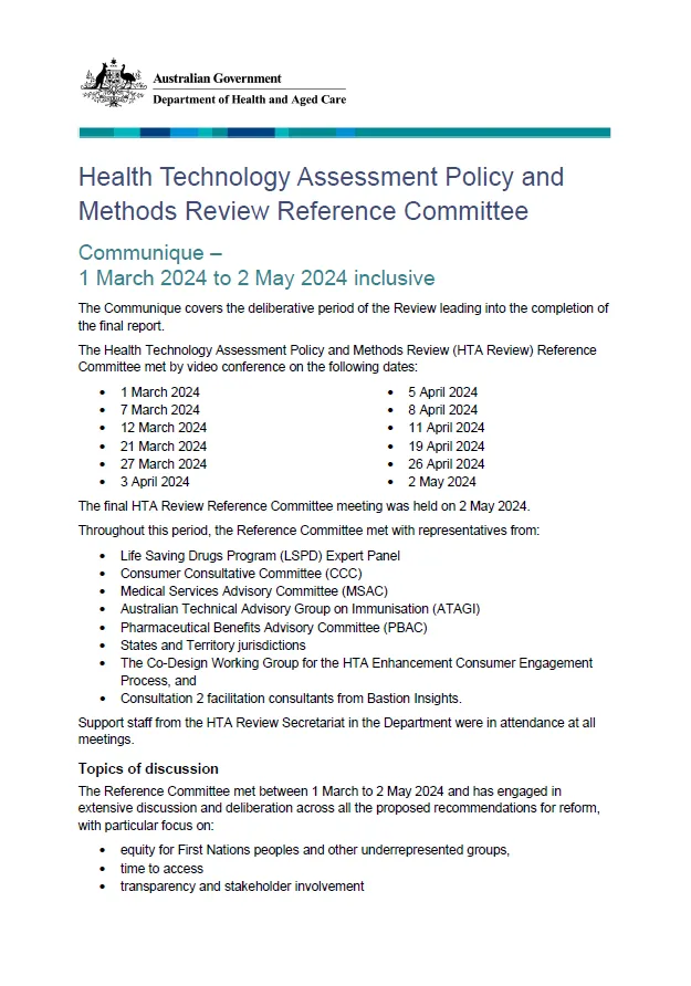 Health Technology Assessment Policy and Methods Review Reference Committee – Communique – 1 March 2024 to 2 May 2024