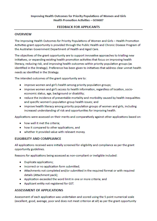 Improving Health Outcomes for Priority Populations of Women and Girls – Health Promotion Activities – GO6687 – Feedback for Applicants