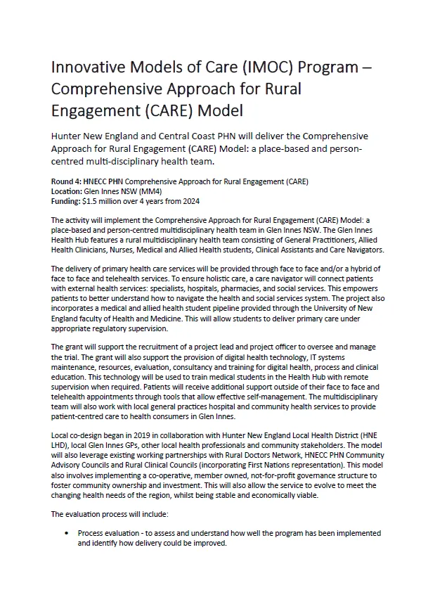 Innovative Models of Care (IMOC) Program – Comprehensive Approach for Rural Engagement (CARE) Model