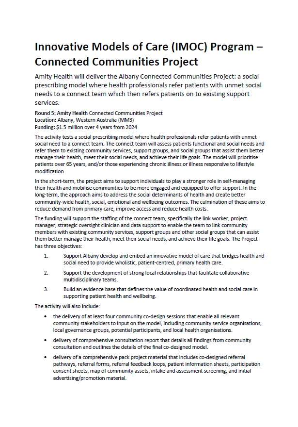 Innovative Models of Care (IMOC) Program – Connected Communities Project