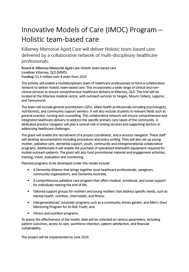 Innovative Models of Care (IMOC) Program – Holistic team-based care