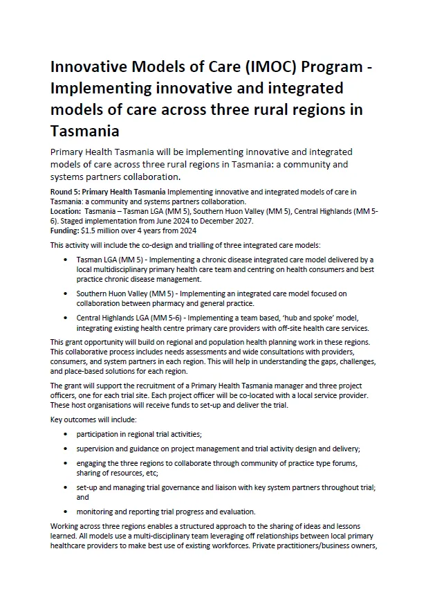 Innovative Models of Care (IMOC) Program – Implementing innovative and integrated models of care across 3 rural regions in Tasmania