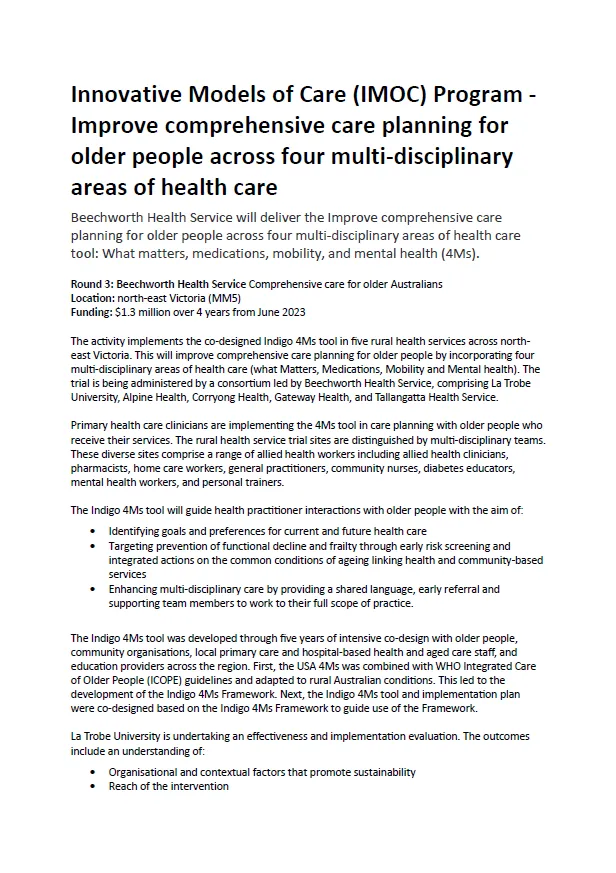 Innovative Models of Care (IMOC) Program – Improve comprehensive care planning for older people across four multi-disciplinary areas of health care