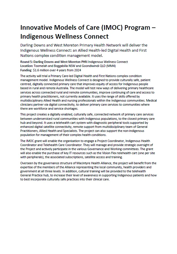 Innovative Models of Care (IMOC) Program – Indigenous Wellness Connect