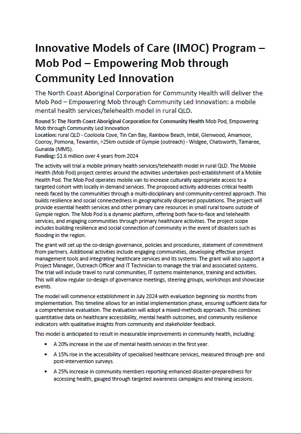 Innovative Models of Care (IMOC) Program – Mob Pod – Empowering Mob through Community Led Innovation