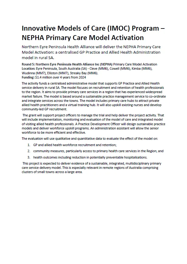 Innovative Models of Care (IMOC) Program – NEPHA Primary Care Model Activation