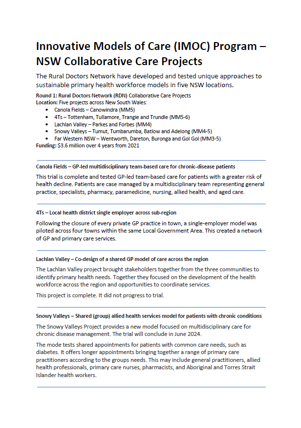 Innovative Models of Care (IMOC) Program – NSW Collaborative Care Projects