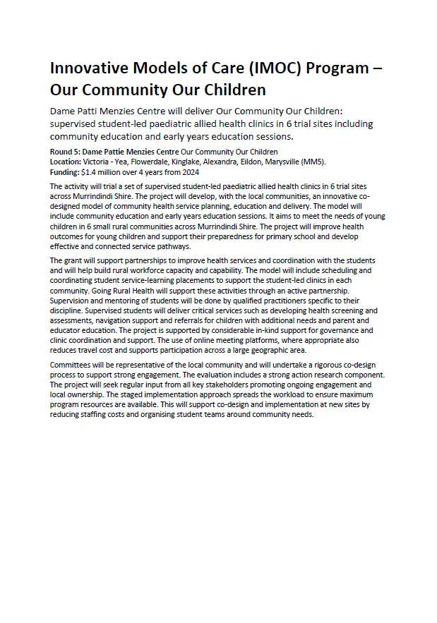 Innovative Models of Care (IMOC) Program – Our Community Our Children