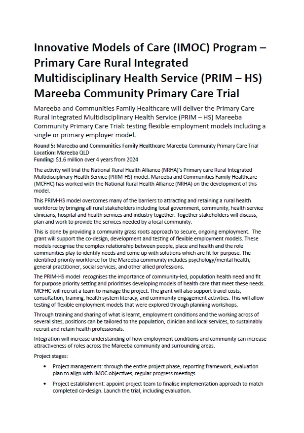 Innovative Models of Care (IMOC) Program – Primary Care Rural Integrated Multidisciplinary Health Service Mareeba Community Primary Care Trial