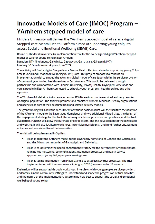 Innovative Models of Care (IMOC) Program – YArnhem stepped model of care