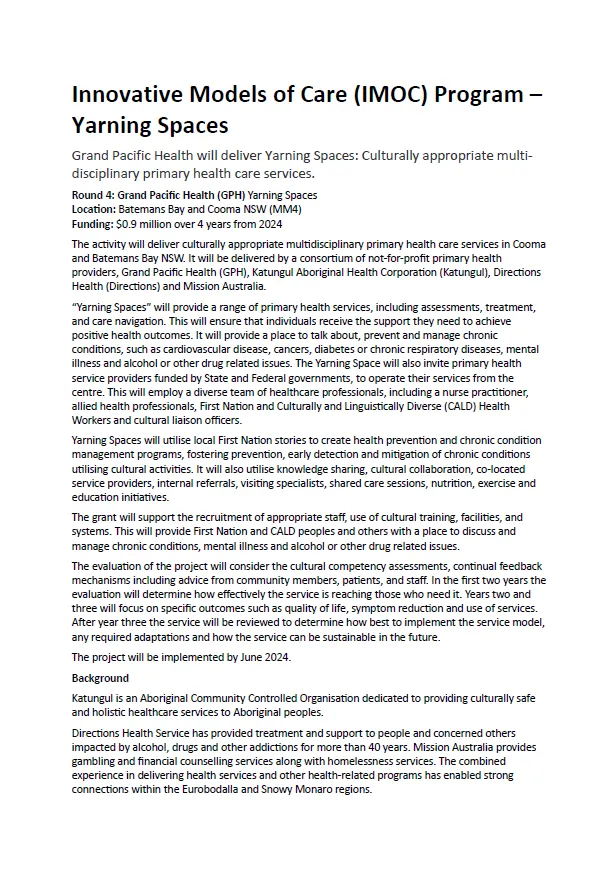 Innovative Models of Care (IMOC) Program – Yarning Spaces