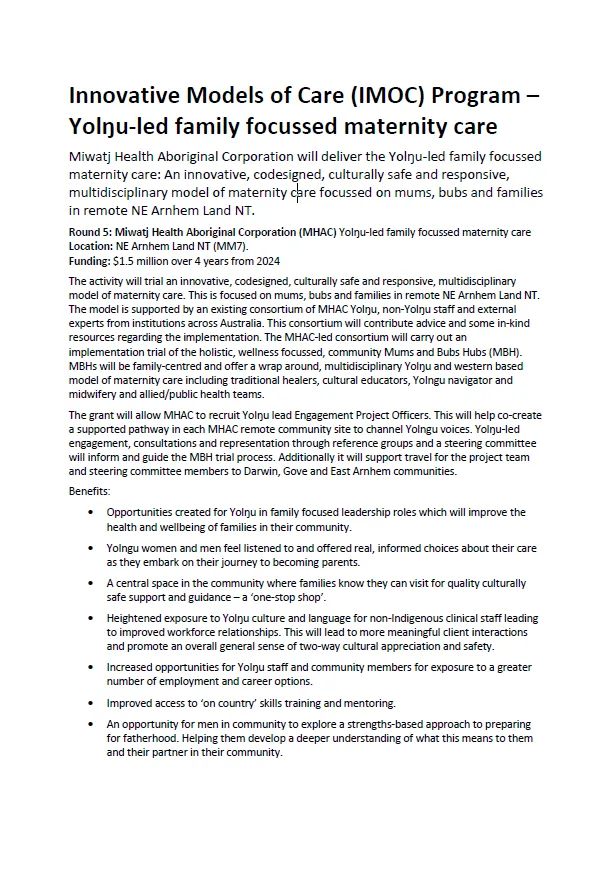 Innovative Models of Care (IMOC) Program – Yolŋu-led family focussed maternity care
