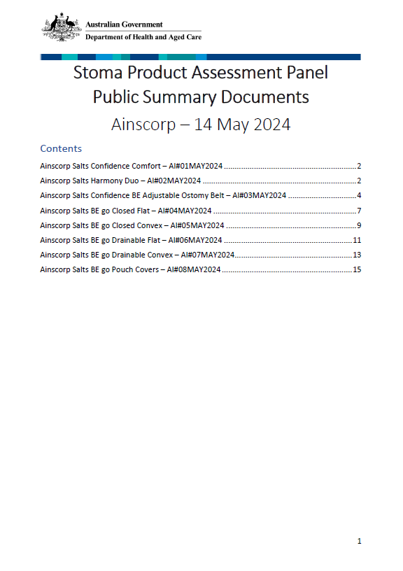 Cover page Stoma Product Assessment Panel – Ainscorp public summary documents – May 2024