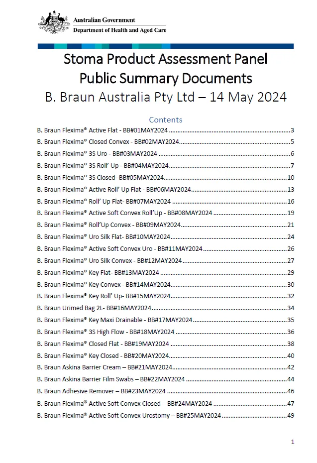 Cover page for the Stoma Product Assessment Panel – B. Braun public summary documents – May 2024