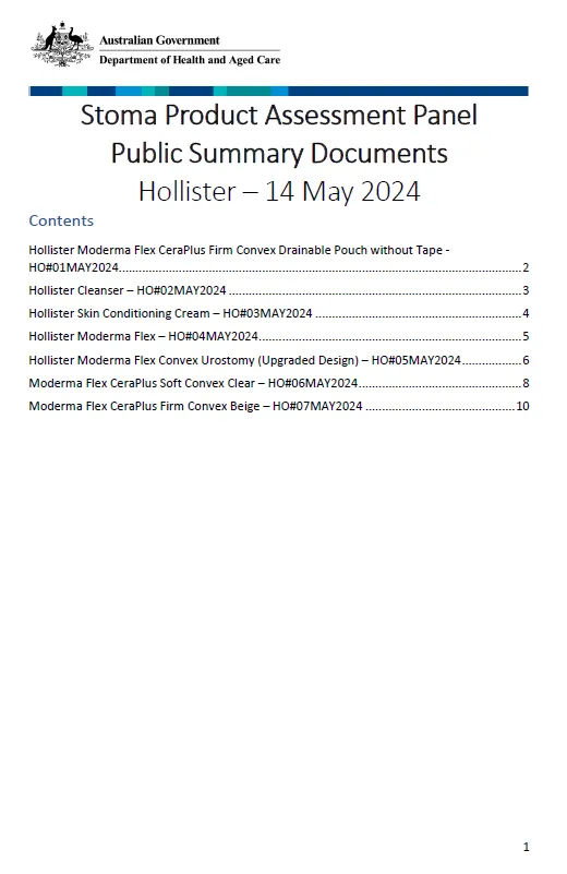Cover page Stoma Product Assessment Panel – Hollister public summary documents – May 2024