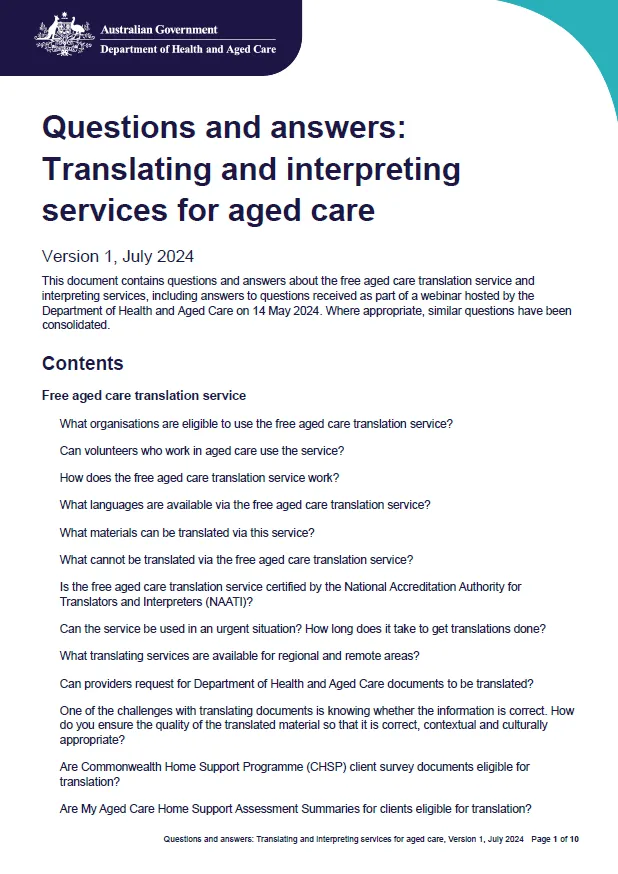 Translating and interpreting services for aged care webinar – Questions and answers