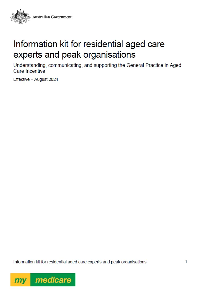 Cover page for the Information kit for residential aged care experts and peak organisations