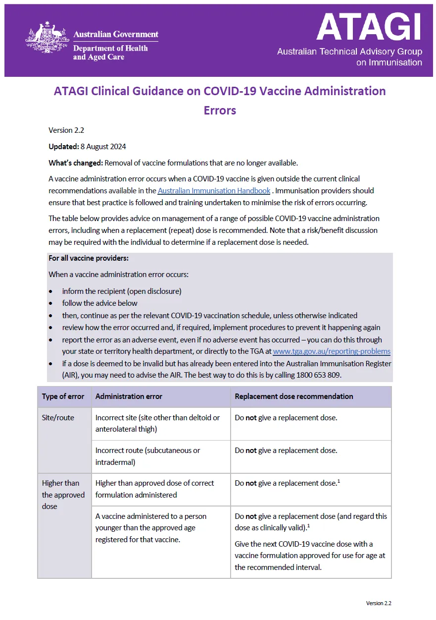 ATAGI clinical guidance on COVID-19 vaccine administration errors