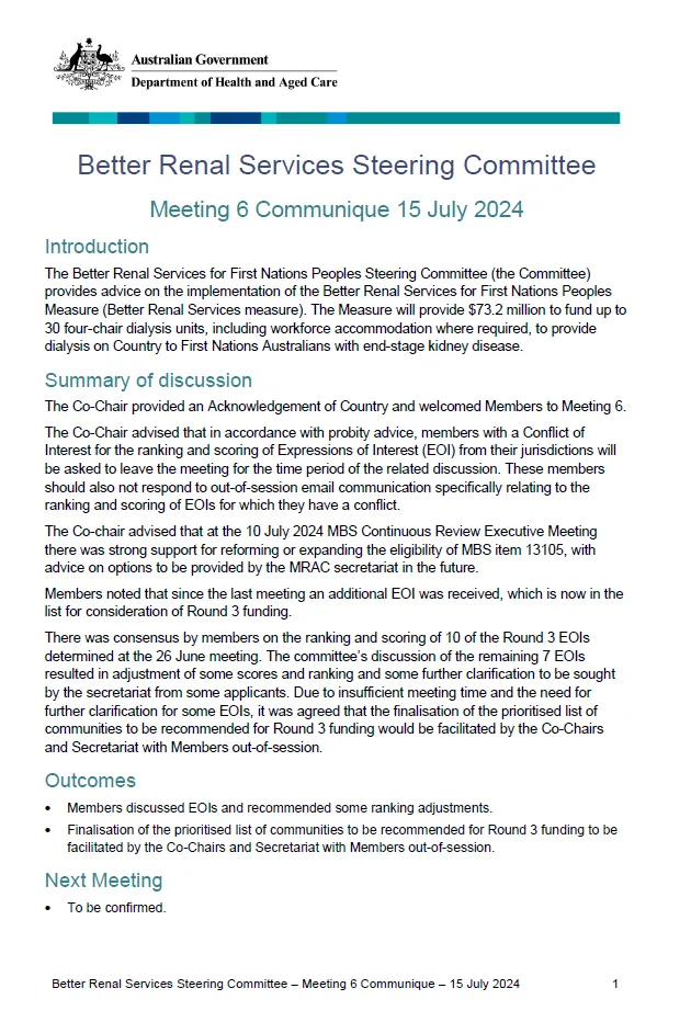Cover page Better Renal Services Steering Committee communique – 15 July 2024