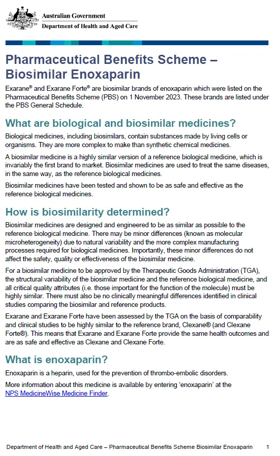 Cover page image of the Pharmaceutical Benefits Scheme – Biosimilar Enoxaparin