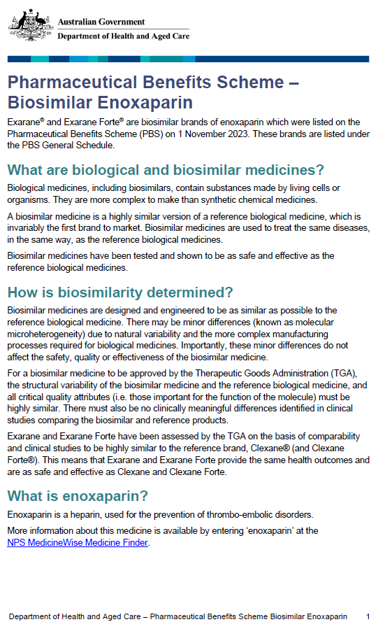 Cover page image of the Pharmaceutical Benefits Scheme – Biosimilar Enoxaparin