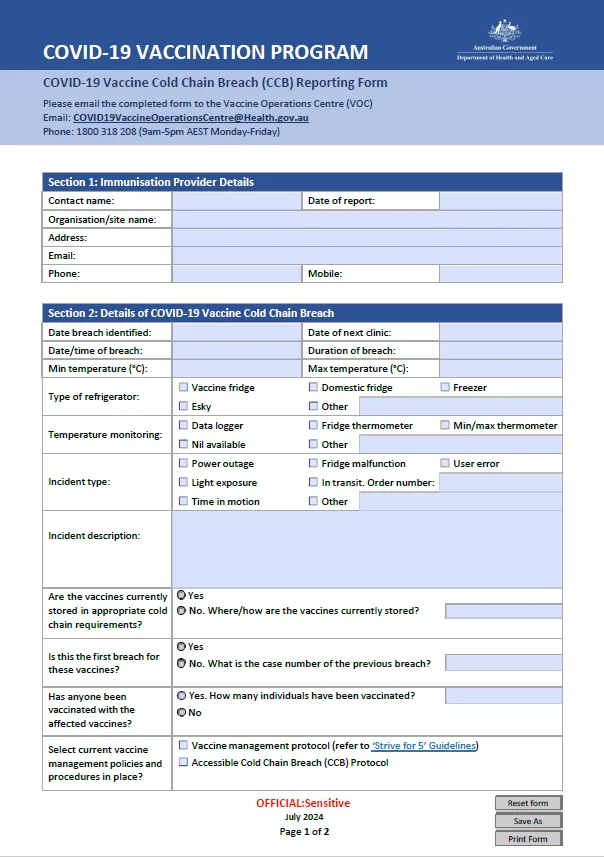 Cold Chain Breach (CCB) reporting form