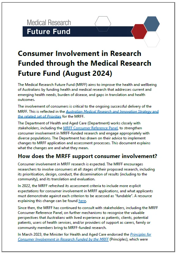 Cover page for the Consumer Involvement in Research Funded through the Medical Research Future Fund