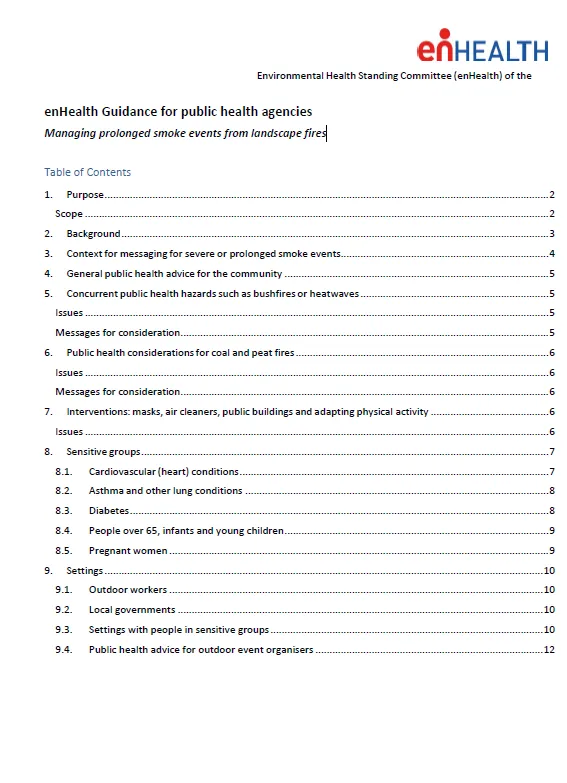 Cover page for the enHealth guidance – Guidance for public health agencies – Managing prolonged smoke events from landscape fires