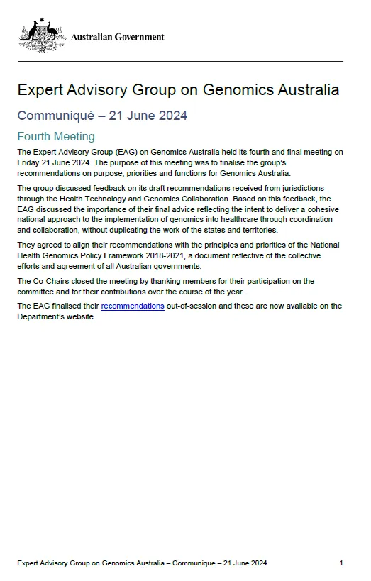 Cover page Expert Advisory Group on Genomics Australia communique – 21 June 2024
