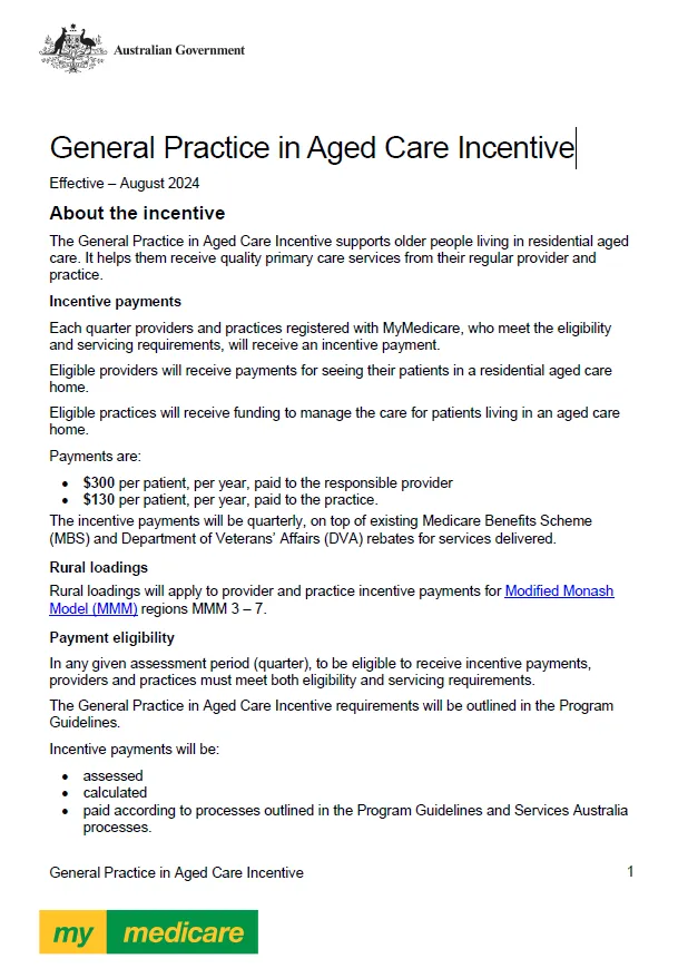Cover page for the General Practice in Aged Care Incentive fact sheet (August 2024)