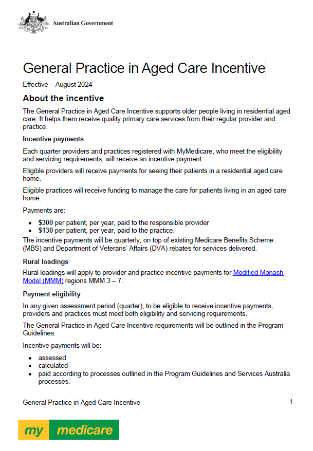Cover page for the General Practice in Aged Care Incentive fact sheet (August 2024)
