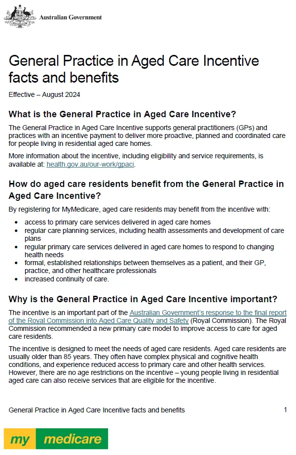 Cover page for the General Practice in Aged Care Incentive Facts and Benefits