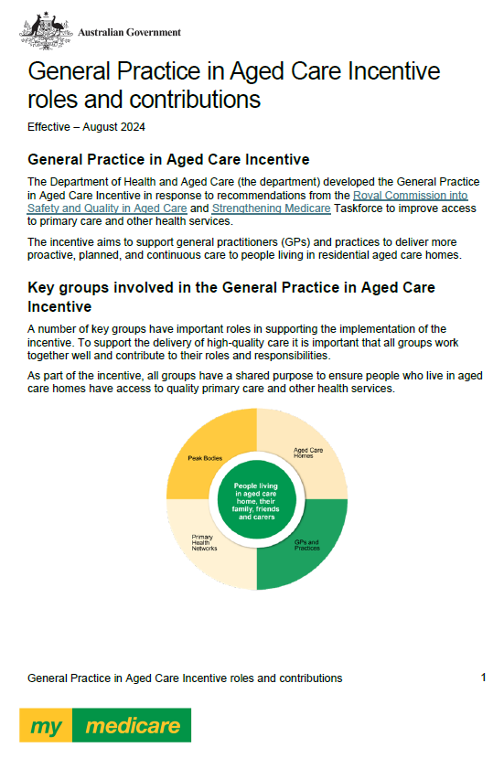 Cover page for General Practice in Aged Care Incentive Roles and Contributions