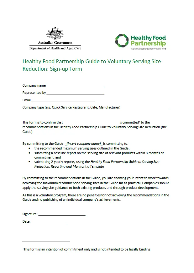 Healthy Food Partnership – Industry guide to voluntary serving size reduction – Sign-up form