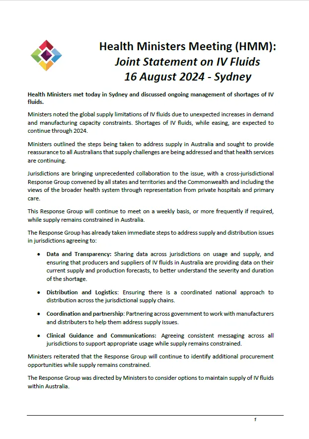 Joint Statement on IV Fluids – Health Ministers’ Meeting – 16 August 2024