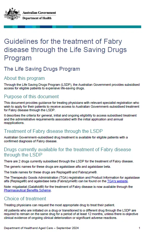 Cover page image for the Life Saving Drugs Program – Fabry disease – Guidelines (Sept)