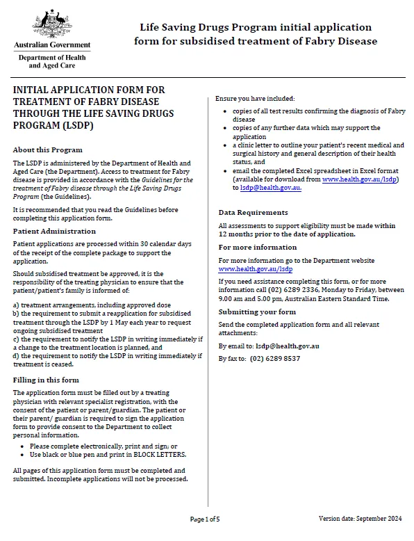 Cover page of the Life Saving Drugs Program – Fabry disease – Initial application