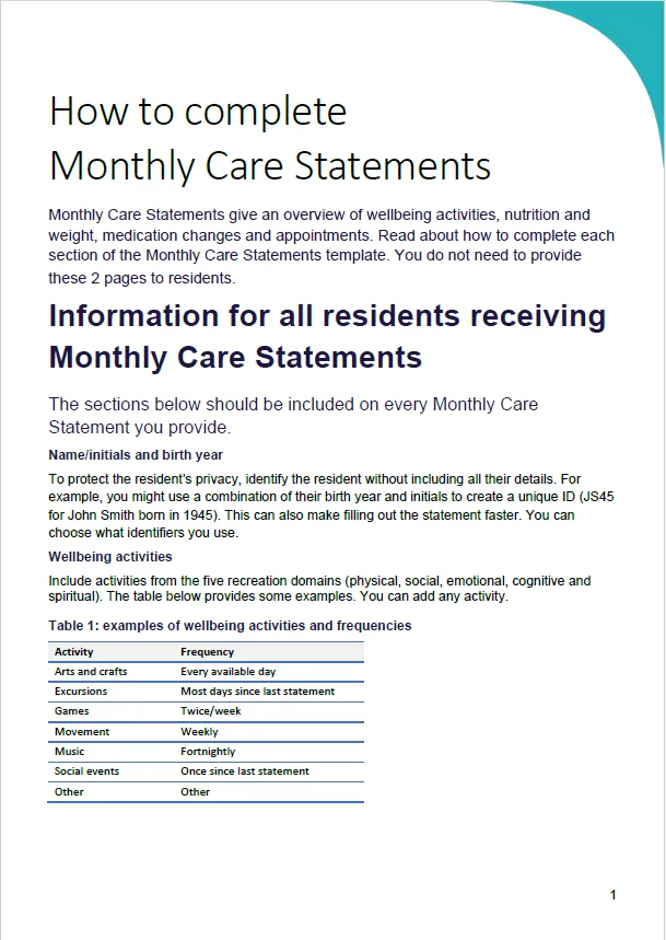 Monthly Care Statements Template and Instructions