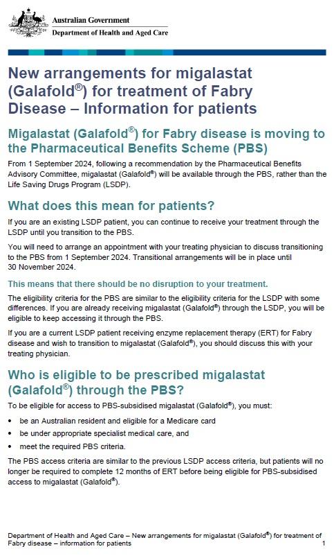 Cover page for the New arrangements for migalastat (Galafold) – patient fact sheet.