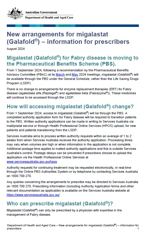 Cover page for New arrangements for migalastat (Galafold®) – information for prescribers