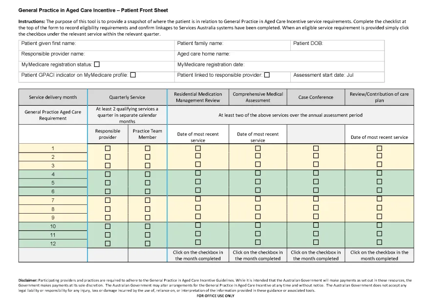 Screen capture of the Patient front sheet template