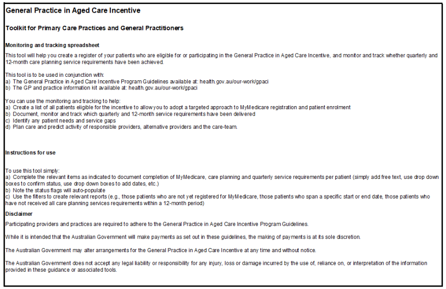 Screen capture of the General Practice in Aged Care Incentive speadsheet