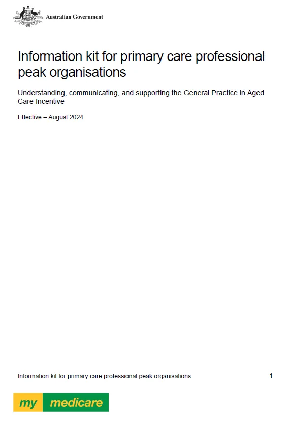 Cover page for the Residential Aged Care Experts and Peaks Information Kit