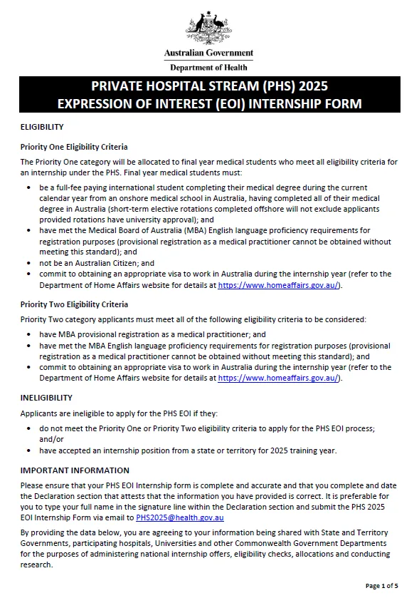 Cover page Private Hospital Stream (PHS) – Expression of Interest (EOI) internship form