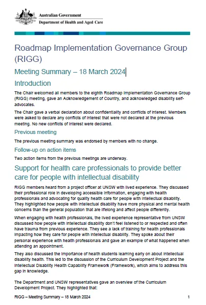 Cover page from the RIGG Meeting Summary – 18 March 2024