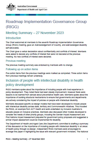 Cover page from the RIGG Meeting Summary – 27 November 2023