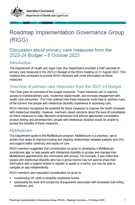 Cover page from the RIGG Meeting Summary – 6 October 2023