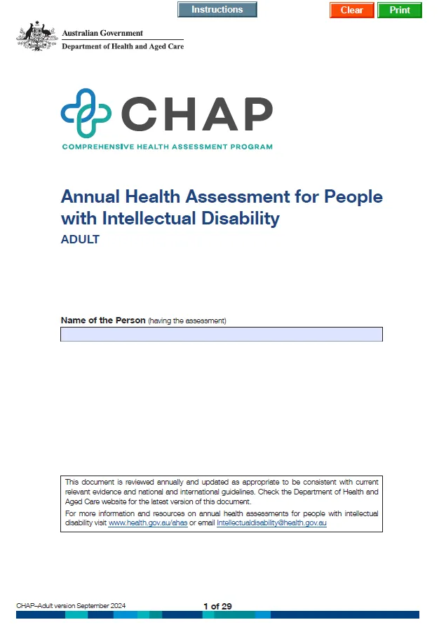 Cover page for the Adult Comprehensive Health Assessment Program (CHAP) – Annual Health Assessment for People with Intellectual Disability form
